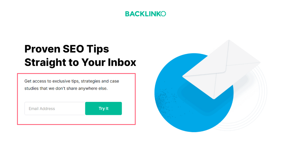 Backlinko's landing page offering proven SEO tips via email subscription, featuring a simple form and a bold call-to-action.